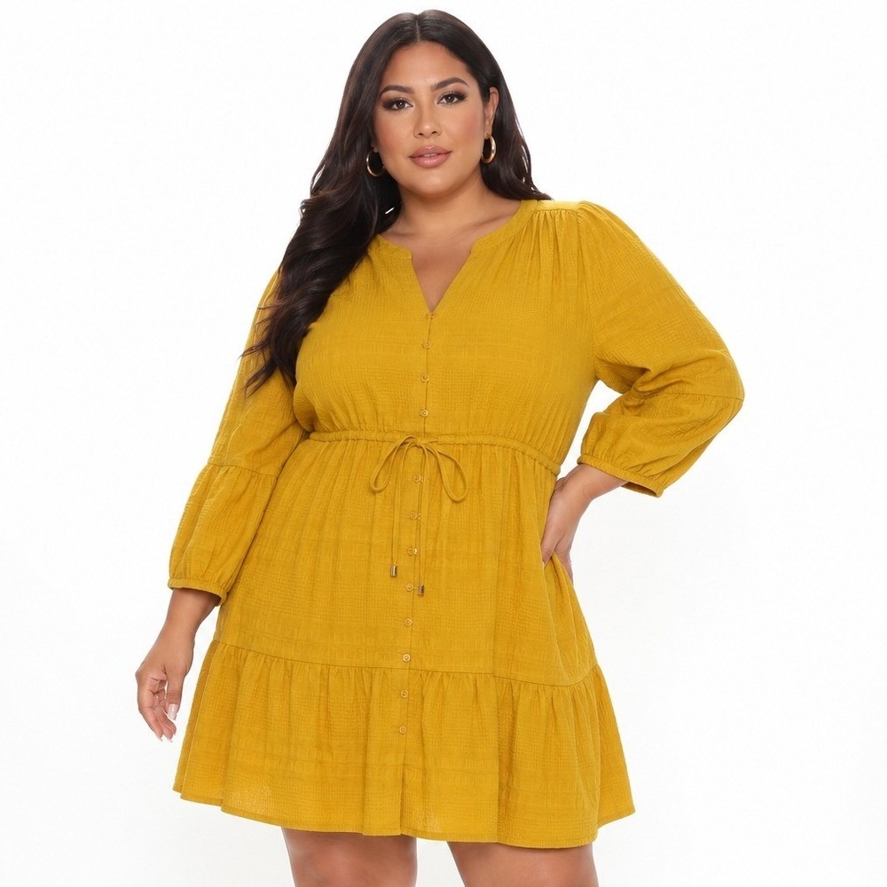 Daniel Rainn Yellow Three Quarter Sleeve Tiered Mini Dress 1X NWT